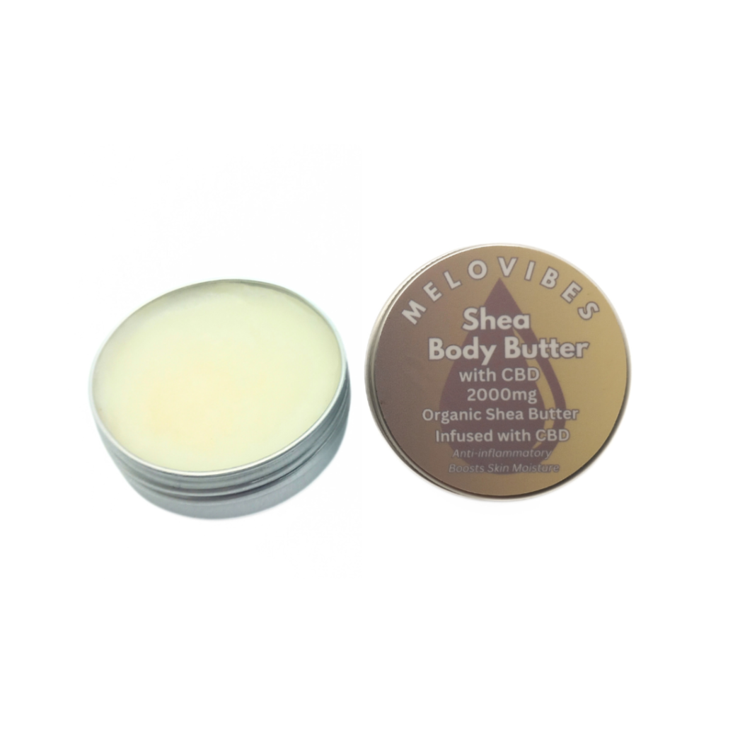 Melovibes Shea Body Butter with 2000mg CBD High Strength - 25ml Volume - Natural Skin Moisturiser