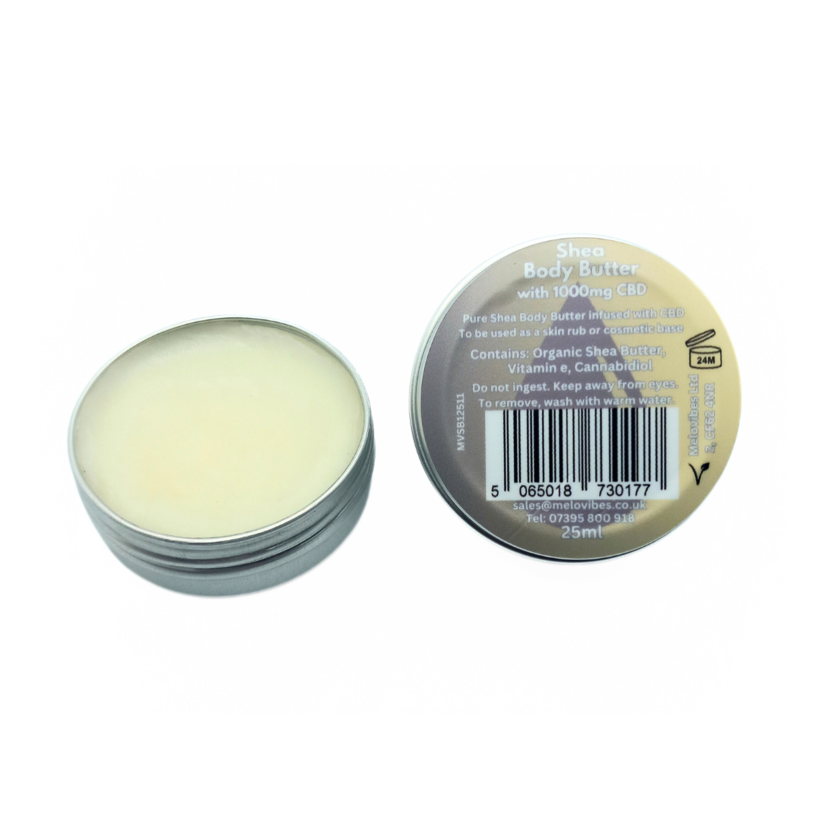Melovibes Shea Body Butter with 1000mg CBD - 25ml Volume - Natural Skin Moisturiser & Skin Protection