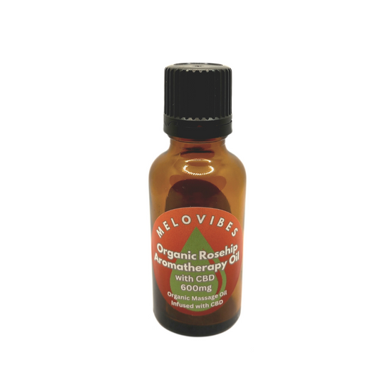 Melovibes Organic Rosehip Aromatherapy Oil with 600mg CBD - 30ml bottle - Anti-Wrinkle Skin Massage Oil